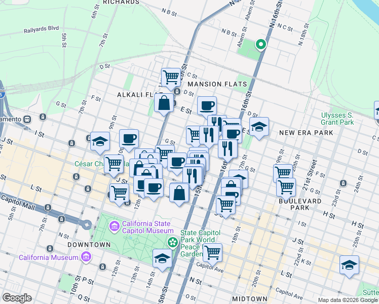 map of restaurants, bars, coffee shops, grocery stores, and more near 1324 G Street in Sacramento