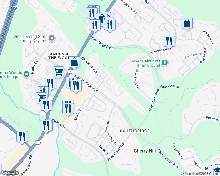 map of restaurants, bars, coffee shops, grocery stores, and more near 2905 Gilder Way in Dumfries