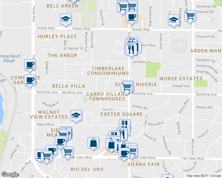 map of restaurants, bars, coffee shops, grocery stores, and more near 2492 Northrop Avenue in Sacramento