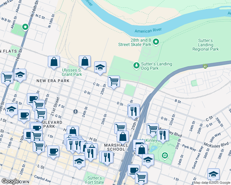 map of restaurants, bars, coffee shops, grocery stores, and more near 317 26th Street in Sacramento