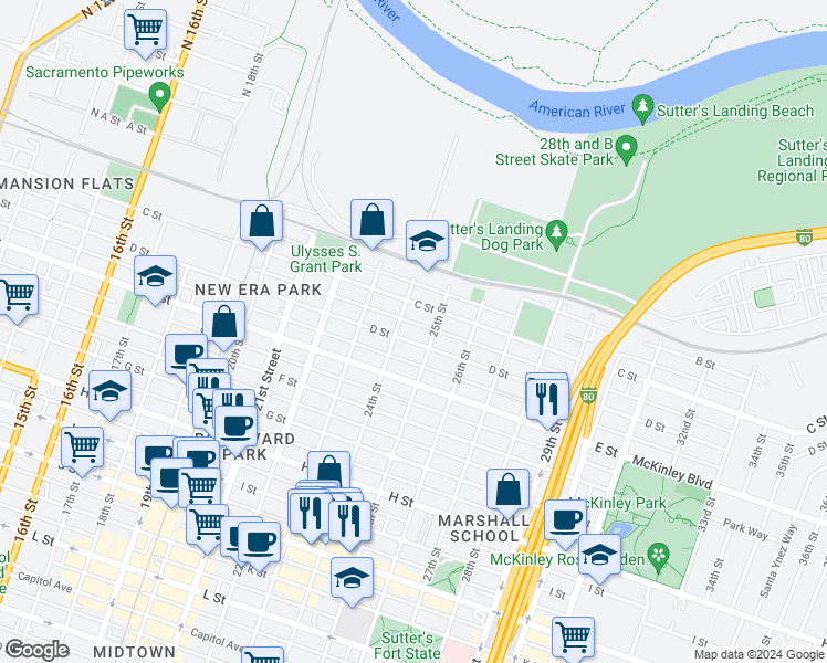 map of restaurants, bars, coffee shops, grocery stores, and more near 2404 D Street in Sacramento