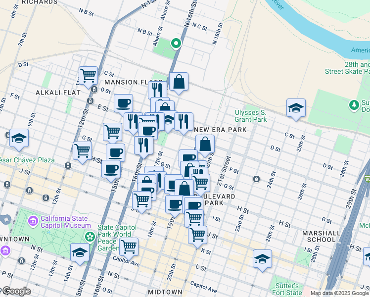 map of restaurants, bars, coffee shops, grocery stores, and more near 603 18th Street in Sacramento
