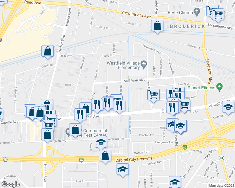 map of restaurants, bars, coffee shops, grocery stores, and more near 701 Cedar Street in West Sacramento