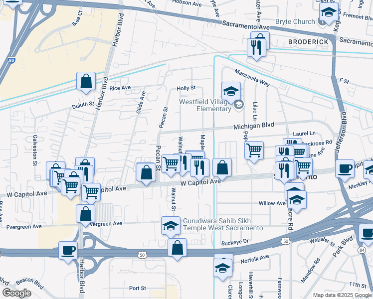 map of restaurants, bars, coffee shops, grocery stores, and more near 701 Cedar Street in West Sacramento