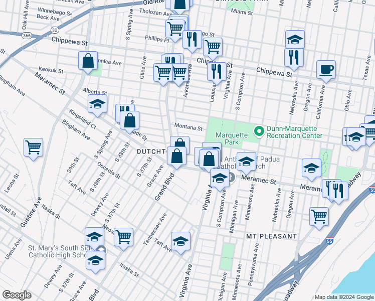 map of restaurants, bars, coffee shops, grocery stores, and more near 3424 Klocke Street in St. Louis
