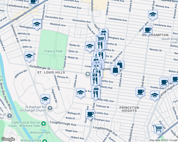 map of restaurants, bars, coffee shops, grocery stores, and more near 5853 Eichelberger Street in St. Louis