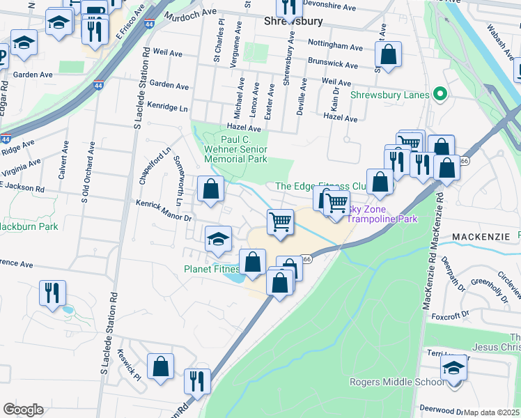 map of restaurants, bars, coffee shops, grocery stores, and more near 7410 Triwoods Drive in St. Louis