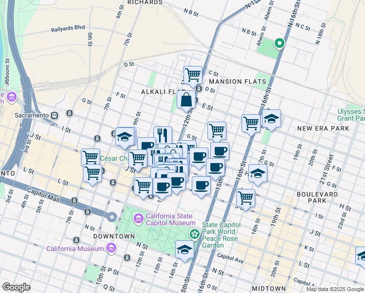 map of restaurants, bars, coffee shops, grocery stores, and more near 777 12th Street in Sacramento