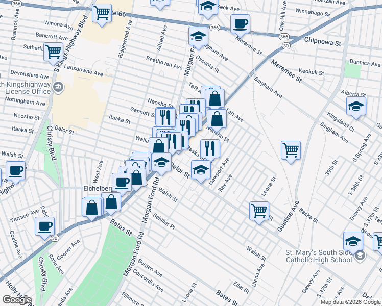 map of restaurants, bars, coffee shops, grocery stores, and more near 4736 McCullagh Place in St. Louis