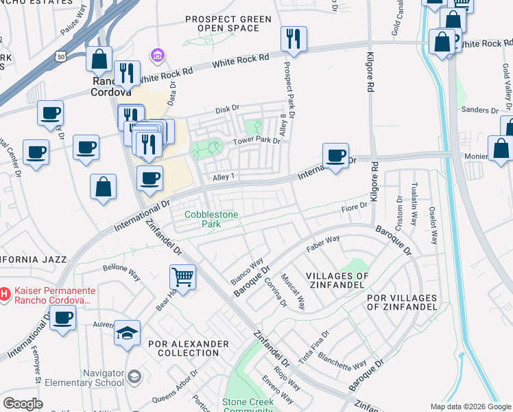 map of restaurants, bars, coffee shops, grocery stores, and more near 10916 Arrington Drive in Rancho Cordova