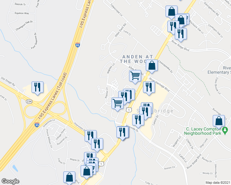 map of restaurants, bars, coffee shops, grocery stores, and more near 3351 Yost Lane in Dumfries