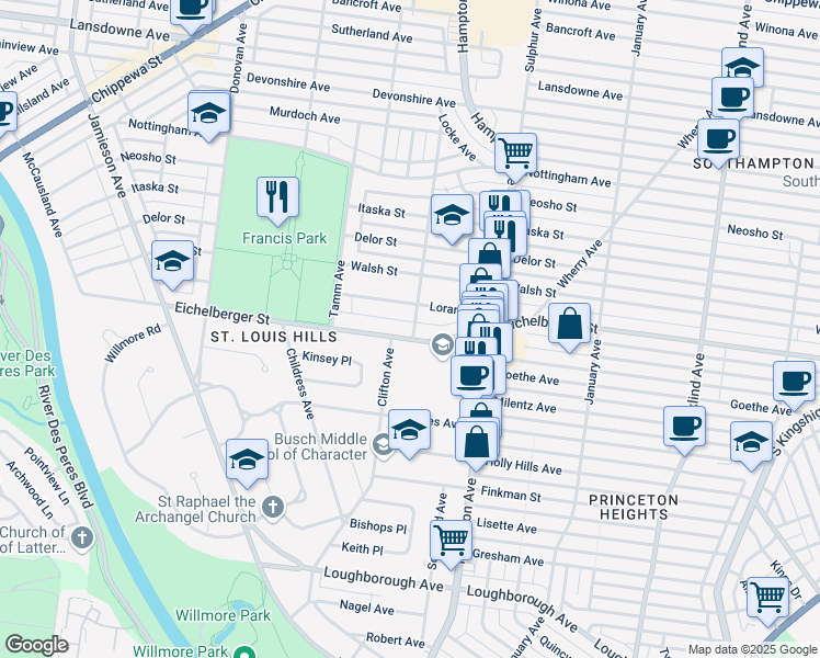 map of restaurants, bars, coffee shops, grocery stores, and more near 6201 Eichelberger Street in St. Louis