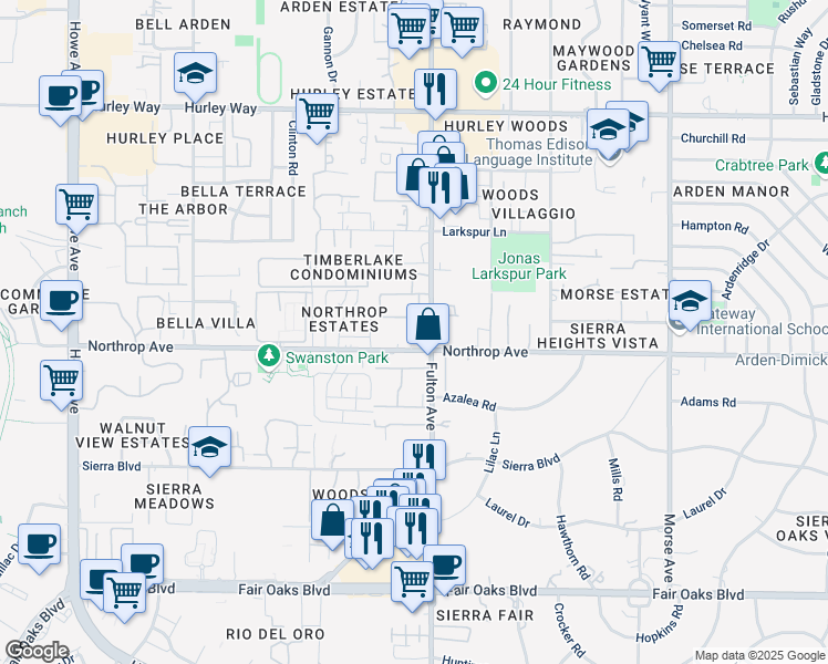 map of restaurants, bars, coffee shops, grocery stores, and more near 901 Fulton Avenue in Sacramento