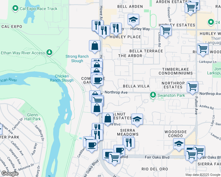 map of restaurants, bars, coffee shops, grocery stores, and more near 866 Howe Avenue in Sacramento