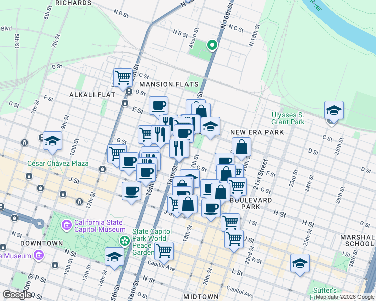 map of restaurants, bars, coffee shops, grocery stores, and more near 1616 F Street in Sacramento