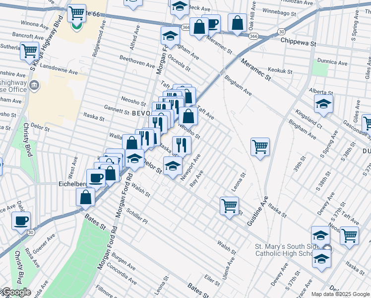 map of restaurants, bars, coffee shops, grocery stores, and more near 4650 Adkins Avenue in St. Louis
