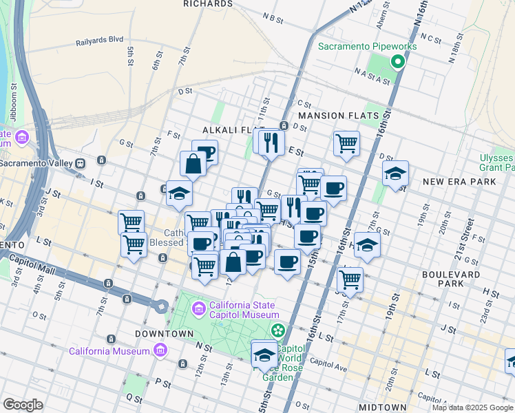 map of restaurants, bars, coffee shops, grocery stores, and more near 777 12th Street in Sacramento