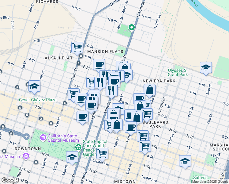 map of restaurants, bars, coffee shops, grocery stores, and more near 631 16th Street in Sacramento