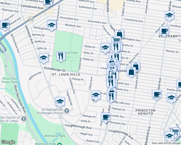 map of restaurants, bars, coffee shops, grocery stores, and more near 6229 Eichelberger Street in St. Louis