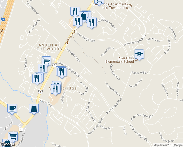 map of restaurants, bars, coffee shops, grocery stores, and more near 3198 Chesapeake Drive in Dumfries