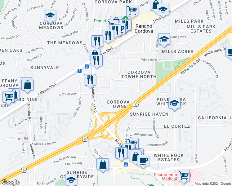 map of restaurants, bars, coffee shops, grocery stores, and more near 3016 Winchester Way in Rancho Cordova