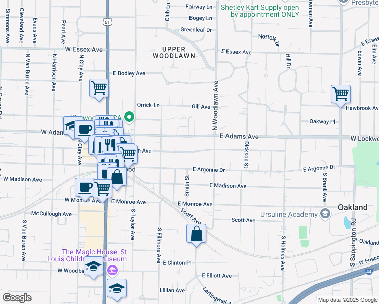 map of restaurants, bars, coffee shops, grocery stores, and more near 403 East Jefferson Avenue in Kirkwood