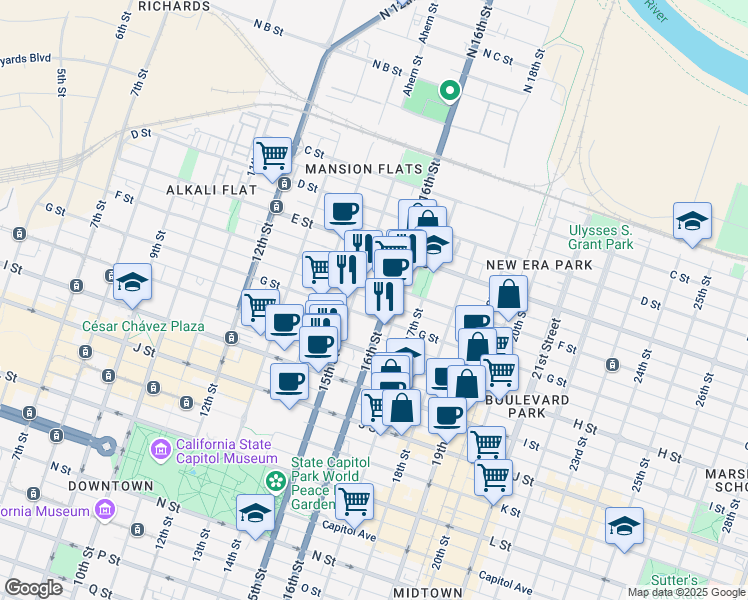 map of restaurants, bars, coffee shops, grocery stores, and more near Fat Alley in Sacramento