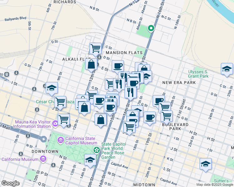 map of restaurants, bars, coffee shops, grocery stores, and more near 728 16th Street in Sacramento