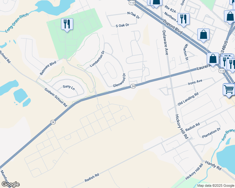 map of restaurants, bars, coffee shops, grocery stores, and more near 29589 Millsboro Highway in Millsboro