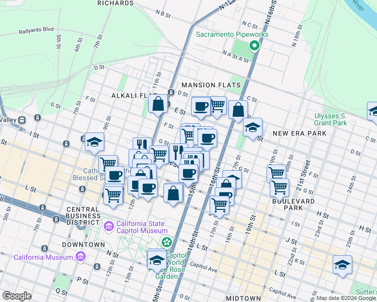 map of restaurants, bars, coffee shops, grocery stores, and more near G St & 14th St in Sacramento