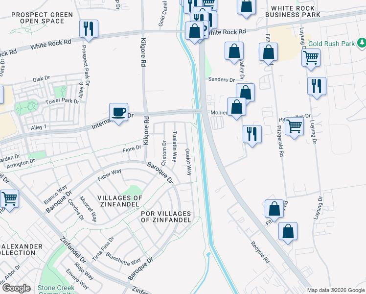 map of restaurants, bars, coffee shops, grocery stores, and more near 3351 Tualatin Way in Gold River
