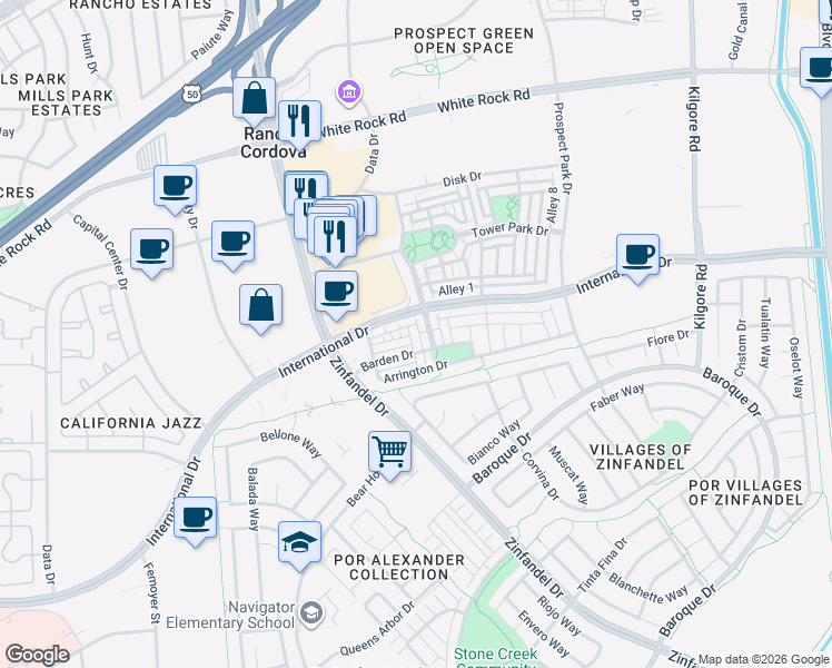 map of restaurants, bars, coffee shops, grocery stores, and more near 3247 Tysley Way in Rancho Cordova