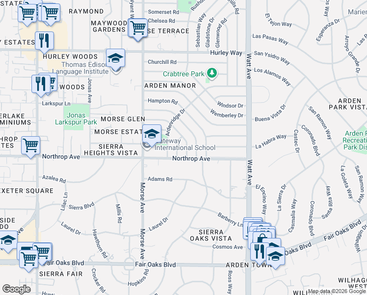 map of restaurants, bars, coffee shops, grocery stores, and more near 3221 Northrop Avenue in Sacramento