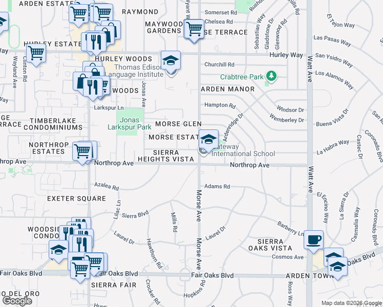 map of restaurants, bars, coffee shops, grocery stores, and more near 3041 Northrop Avenue in Sacramento