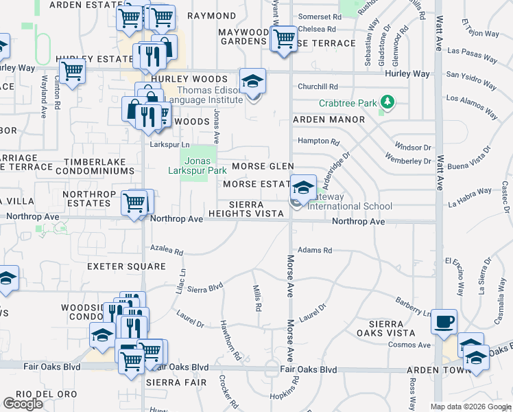 map of restaurants, bars, coffee shops, grocery stores, and more near 2931 Northrop Avenue in Sacramento