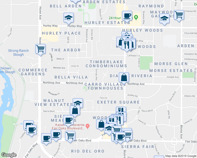 map of restaurants, bars, coffee shops, grocery stores, and more near 2410 Northrop Avenue in Sacramento