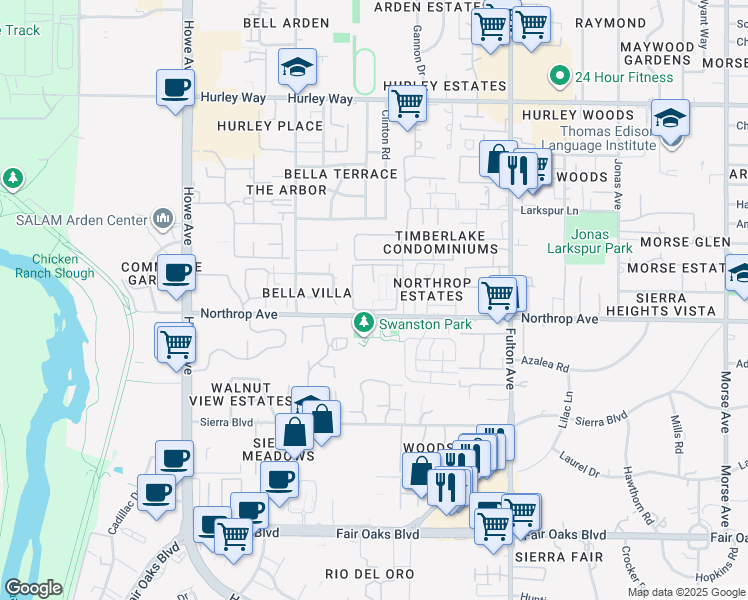 map of restaurants, bars, coffee shops, grocery stores, and more near Northrop Avenue in Sacramento