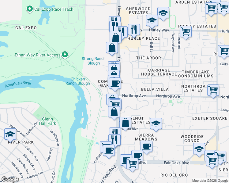 map of restaurants, bars, coffee shops, grocery stores, and more near in Arden-Arcade
