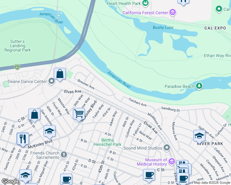 map of restaurants, bars, coffee shops, grocery stores, and more near 5005 Teichert Avenue in Sacramento