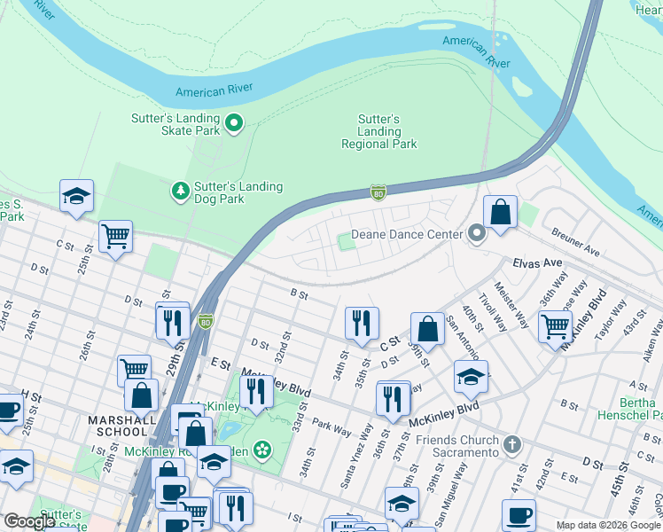 map of restaurants, bars, coffee shops, grocery stores, and more near 3222 Dullanty Way in Sacramento