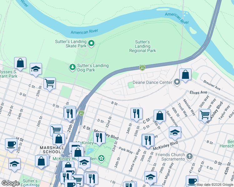 map of restaurants, bars, coffee shops, grocery stores, and more near 3156 Dullanty Way in Sacramento