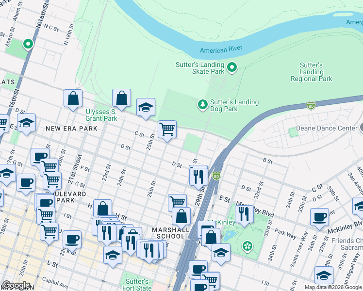 map of restaurants, bars, coffee shops, grocery stores, and more near 307 27th Street in Sacramento