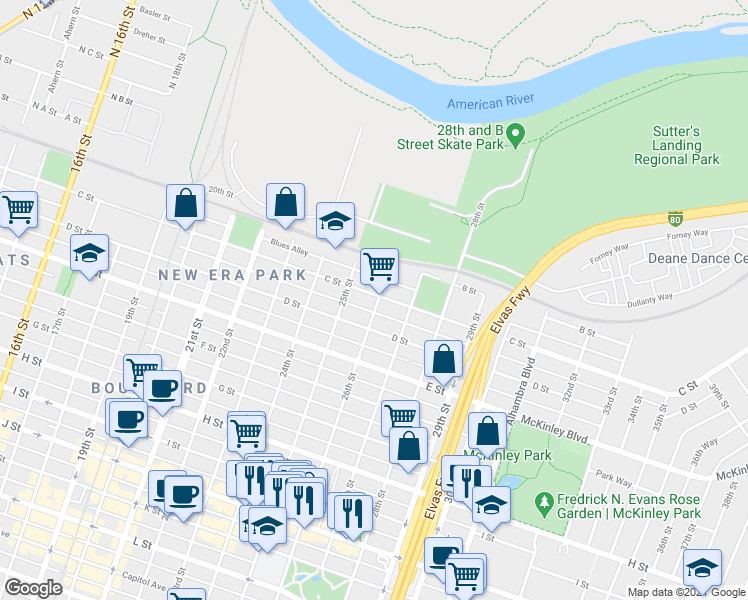 map of restaurants, bars, coffee shops, grocery stores, and more near 317 26th Street in Sacramento