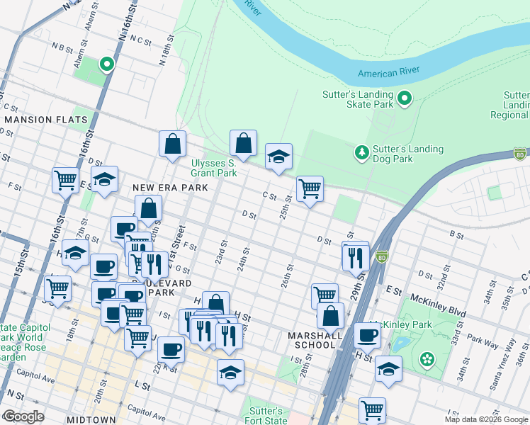 map of restaurants, bars, coffee shops, grocery stores, and more near 2404 D Street in Sacramento