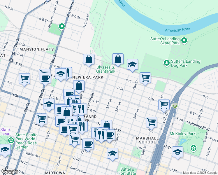 map of restaurants, bars, coffee shops, grocery stores, and more near 431 22nd Street in Sacramento