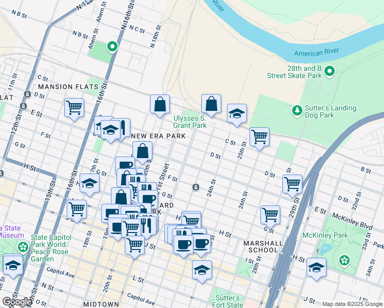 map of restaurants, bars, coffee shops, grocery stores, and more near 431 22nd Street in Sacramento