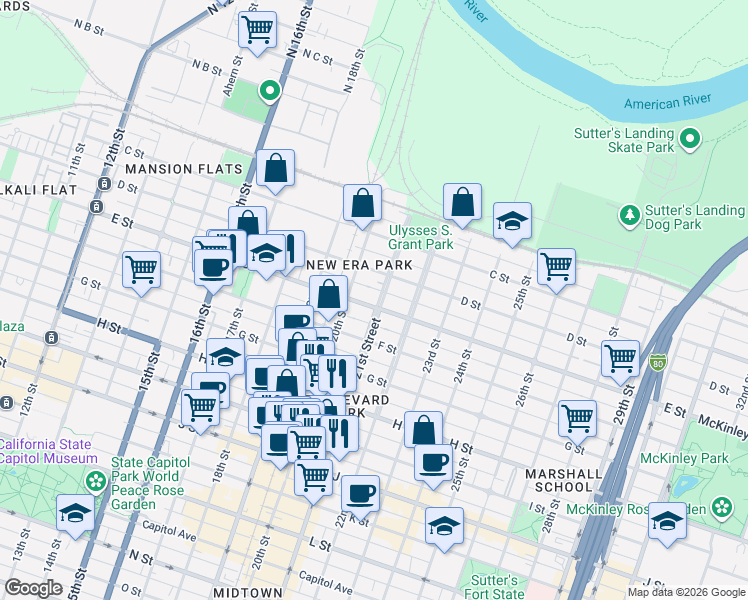 map of restaurants, bars, coffee shops, grocery stores, and more near 507 21st Street in Sacramento
