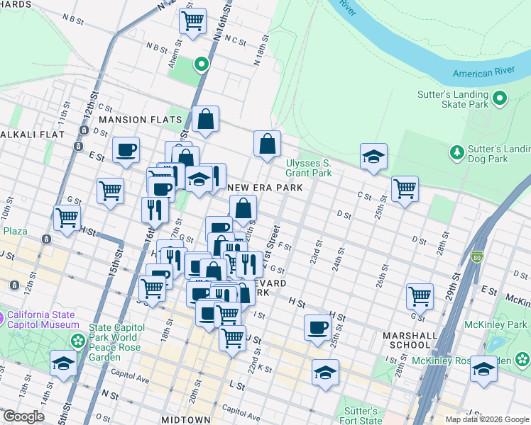 map of restaurants, bars, coffee shops, grocery stores, and more near 517 20th Street in Sacramento