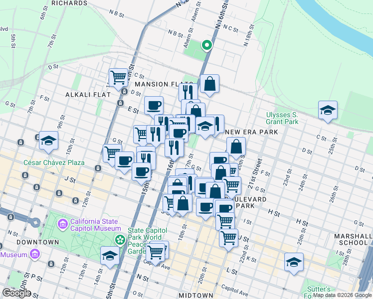 map of restaurants, bars, coffee shops, grocery stores, and more near in Sacramento