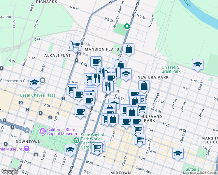 map of restaurants, bars, coffee shops, grocery stores, and more near 631 16th Street in Sacramento